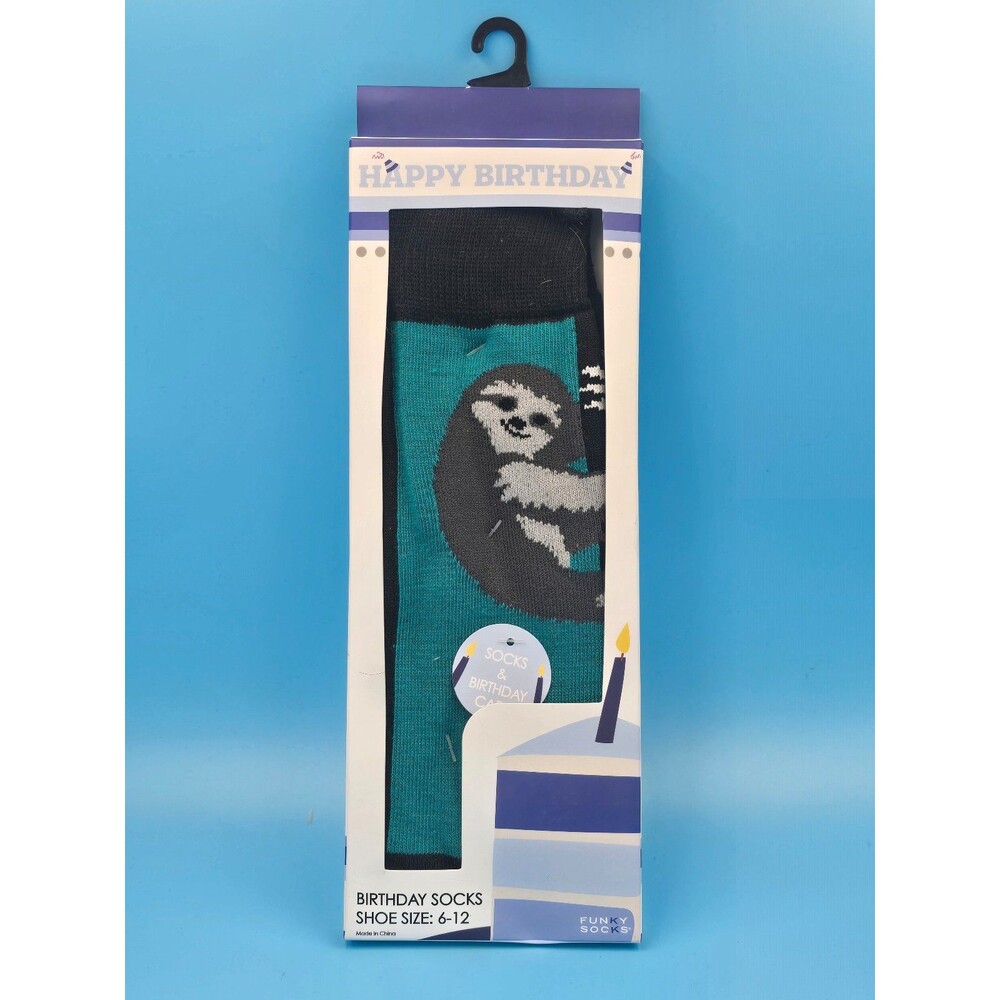 Funky Socks Happy Birthday Crew Sock/Card Sloth Size 6-12 Black Man Cave Dad